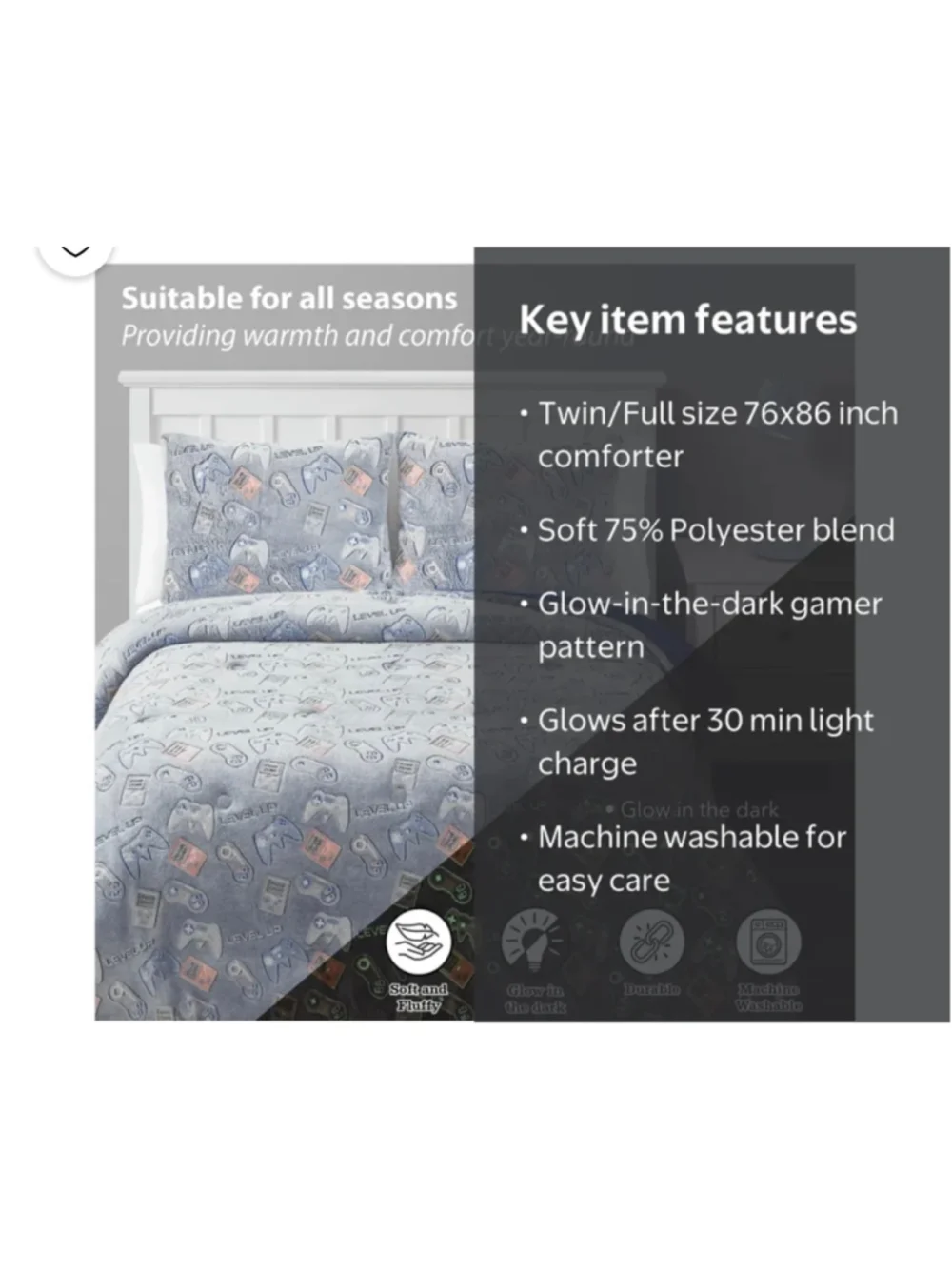 NEW Gamer Comforter Set Full Blue Grey Glow-in-the-Dark